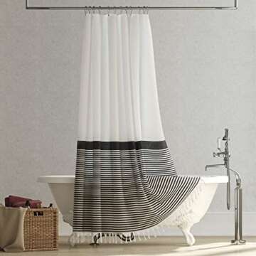 Dynamene Modern Farmhouse Fabric Shower Curtain Boho Black and White Striped Cloth Bathroom Shower Curtain with Tassels, Hotel Luxury Decorative Shower Curtain Set with 12 Hooks - 72x72