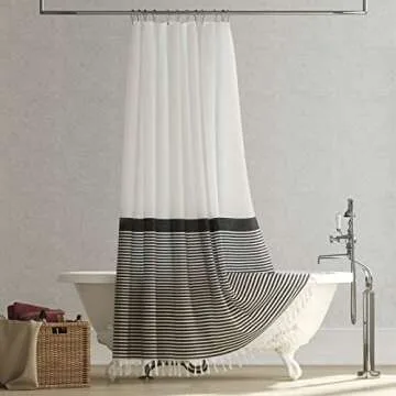 Dynamene Modern Farmhouse Fabric Shower Curtain Boho Black and White Striped Cloth Bathroom Shower Curtain with Tassels, Hotel Luxury Decorative Shower Curtain Set with 12 Hooks - 72x72
