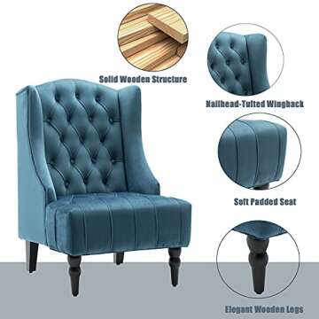 Altrobene Velvet Accent Chair, High Wingback Chair, Modern Living Room Bedroom Chair, Navy Blue