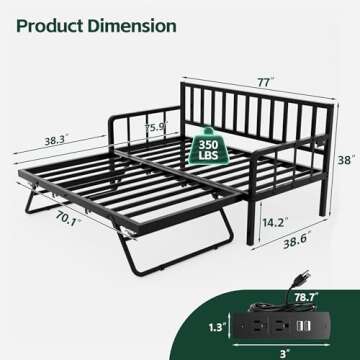 MU Daybed with Trundle Bed, Metal Frame, Charging Station, LED Lights