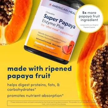 American Health Super Papaya Enzyme Plus Chewable Tablets, Natural Papaya Flavor - Promotes Digestion & Nutrient Absorption, Contains Papain & Other Enzymes - 360 Count