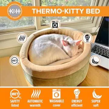 K&H Pet Products Thermo-Kitty Bed Heated Cat Beds for Large Indoor Cats & Dogs, Calming Warming Pillow Pet Bed, Machine Washable, Removable Heater, Safety Listed - Large 20" Round Sage/Tan