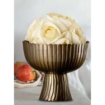 Serene Spaces Living Vintage Brass Finish Pedestal Bowl, Floral Compote Vase for Wedding Centerpiece, Decorative Home Accent Bowl, Measures 8" Diameter & 7" Tall