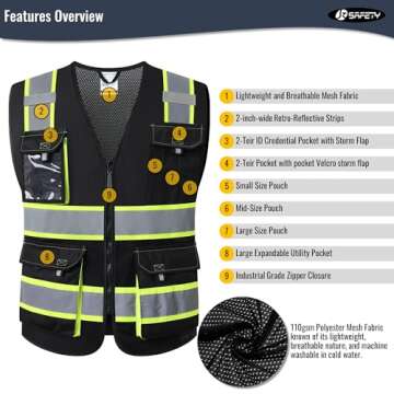 JKSafety Hi Vis Reflective Safety Vests for Men Women High Visibility Vest with Pockets Mesh Fabric Construction Safety Apparel Neon Vest for Work (220-Black L)