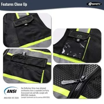 JKSafety Hi Vis Reflective Safety Vests for Men Women High Visibility Vest with Pockets Mesh Fabric Construction Safety Apparel Neon Vest for Work (220-Black L)