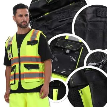 JKSafety Hi Vis Reflective Safety Vests for Men Women High Visibility Vest with Pockets Mesh Fabric Construction Safety Apparel Neon Vest for Work (220-Black L)