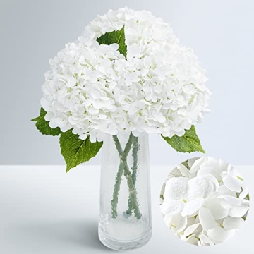 Waipfaru 21" Real Touch White Hydrangea Artificial Flowers with Long Stem & Leaves, Full Latex Faux ...