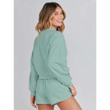 MEROKEETY Women's 2025 Fall Oversized Batwing Sleeve Lounge Sets Casual Top and Shorts 2 Piece Outfits Sweatsuit Light Green