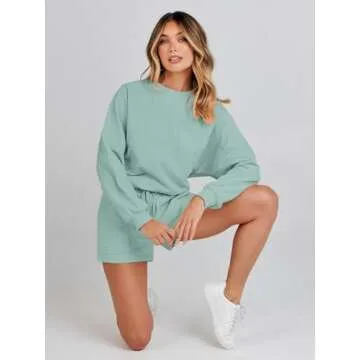 MEROKEETY Women's 2025 Fall Oversized Batwing Sleeve Lounge Sets Casual Top and Shorts 2 Piece Outfits Sweatsuit Light Green