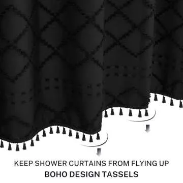 Boho Black Woven Fabric Shower Curtain with Tassels 60 x 72 Modern Farmhouse Minimalist, Tufted Chevron Striped Shabby Chic Textured, Water Resistant Cloth Curtain for Bathroom, Hotel Decor