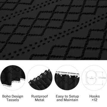 Boho Black Woven Fabric Shower Curtain with Tassels 60 x 72 Modern Farmhouse Minimalist, Tufted Chevron Striped Shabby Chic Textured, Water Resistant Cloth Curtain for Bathroom, Hotel Decor