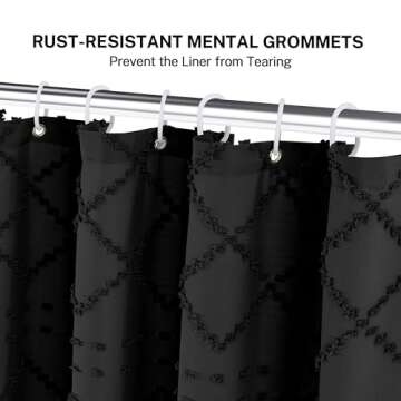 Boho Black Woven Fabric Shower Curtain with Tassels 60 x 72 Modern Farmhouse Minimalist, Tufted Chevron Striped Shabby Chic Textured, Water Resistant Cloth Curtain for Bathroom, Hotel Decor