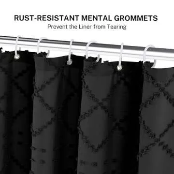 Boho Black Woven Fabric Shower Curtain with Tassels 60 x 72 Modern Farmhouse Minimalist, Tufted Chevron Striped Shabby Chic Textured, Water Resistant Cloth Curtain for Bathroom, Hotel Decor