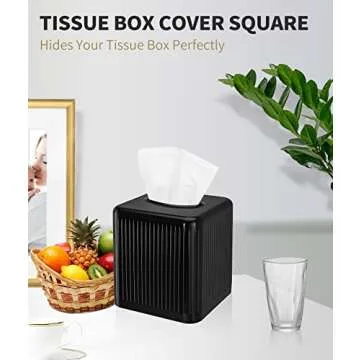 Livelab Tissue Box Cover with Base, Square Plastic Tissue Box Holder Decorative Tissue Cover Modern Cube Facial Tissue Dispenser for Bathroom Vanity Countertop, Living Room, Bedroom, Office - Black