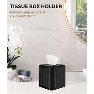 Livelab Tissue Box Cover with Base, Square Plastic Tissue Box Holder Decorative Tissue Cover Modern Cube Facial Tissue Dispenser for Bathroom Vanity Countertop, Living Room, Bedroom, Office - Black