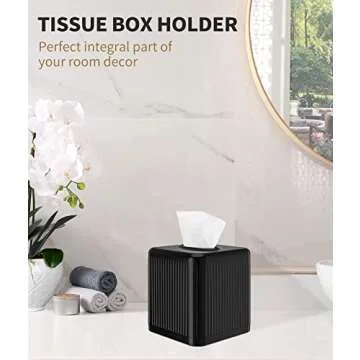 Livelab Tissue Box Cover with Base, Square Plastic Tissue Box Holder Decorative Tissue Cover Modern Cube Facial Tissue Dispenser for Bathroom Vanity Countertop, Living Room, Bedroom, Office - Black