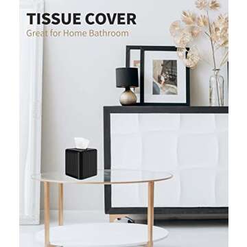 Livelab Tissue Box Cover with Base, Square Plastic Tissue Box Holder Decorative Tissue Cover Modern Cube Facial Tissue Dispenser for Bathroom Vanity Countertop, Living Room, Bedroom, Office - Black