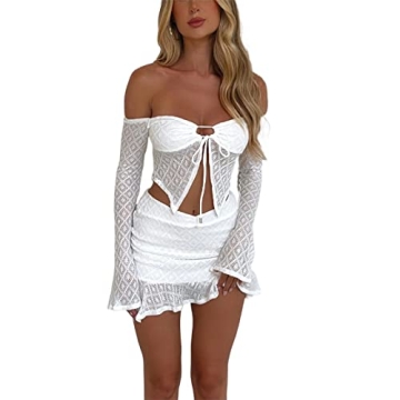 Thopavenoir Women Hollow Out 2 Piece Skirt Set Crochet Bikini Cover Up Swimsuit and Knit See Through...