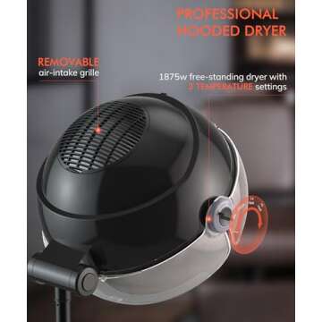 TASALON Ionic Hooded Hair Dryer - 1875W Bonnet Dryer with 3 Temperature Settings - Portable Standing...