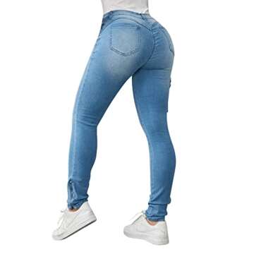 Flamingals Skinny Jeans for Women Stretch High Waisted Flap Pocket Butt Lifting Jeans Mid Blue M