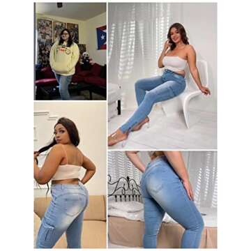 Flamingals Skinny Jeans for Women Stretch High Waisted Flap Pocket Butt Lifting Jeans Mid Blue M