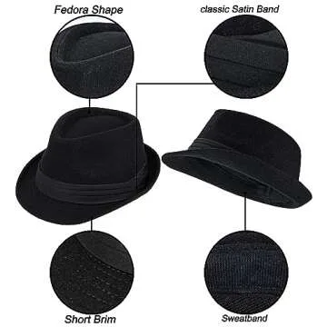 Unisex Classic Manhattan-Gangster-Fedora-Hat Short-Brim Trilby Hat - Women Men Wool Felt Winter Structured Hat with Band(S/M)