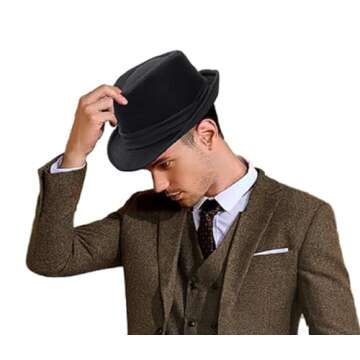 Unisex Classic Manhattan-Gangster-Fedora-Hat Short-Brim Trilby Hat - Women Men Wool Felt Winter Structured Hat with Band(S/M)