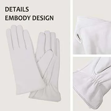 NOVBJECT Leather Gloves for Women Italian Lambskin Leather Winter Genuine Warm Cashmere Knitted Lining White, S