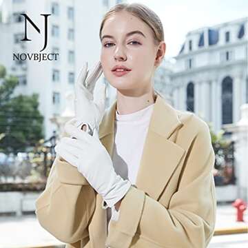 NOVBJECT Leather Gloves for Women Italian Lambskin Leather Winter Genuine Warm Cashmere Knitted Lining White, S