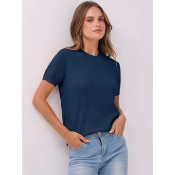 ANRABESS Womens Short Sleeve Sweaters Wool Blend Crew Neck Pullover Sweater Tops Business Casual Spring Outfits 2025 Deep Blue S