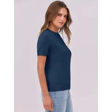 ANRABESS Womens Short Sleeve Sweaters Wool Blend Crew Neck Pullover Sweater Tops Business Casual Spring Outfits 2025 Deep Blue S
