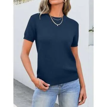 ANRABESS Womens Short Sleeve Sweaters Wool Blend Crew Neck Pullover Sweater Tops Business Casual Spring Outfits 2025 Deep Blue S