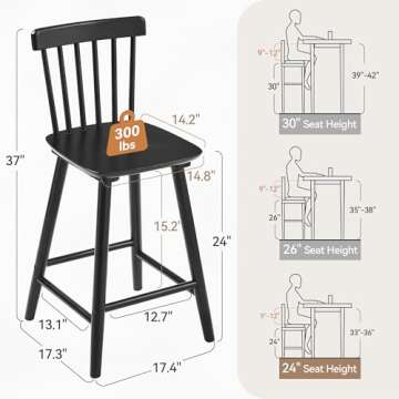 LUE BONA Windsor Wooden Bar Stools Set of 4 for Kitchen Island, Farmhouse 24 Inch Counter Height Sto...