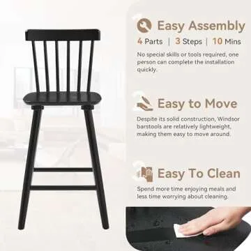 LUE BONA Windsor Wooden Bar Stools Set of 4 for Kitchen Island, Farmhouse 24 Inch Counter Height Stools Chairs with Spindle Back, Black