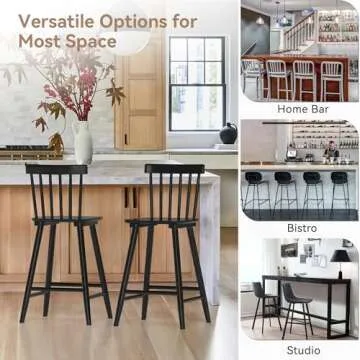 LUE BONA Windsor Wooden Bar Stools Set of 4 for Kitchen Island, Farmhouse 24 Inch Counter Height Stools Chairs with Spindle Back, Black