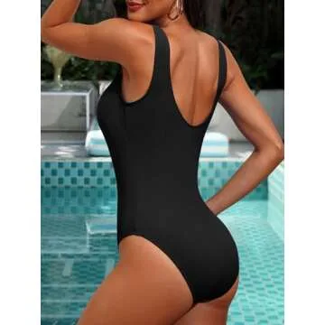 SOCIALA Women Zipper Ribbed One Piece Swimsuit High Cut Square Neck Bathing Suits Low Back Swimwear ...