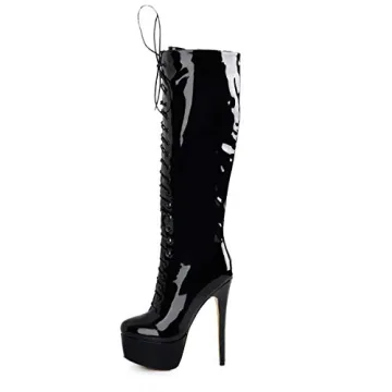 Richealnana Women's Sexy High Heel Lace Up Platform Round Closed Toe Knee High Boots Side Zipper Sti...