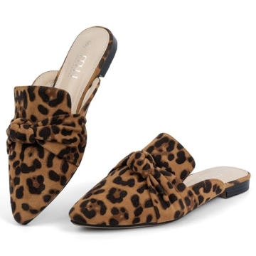 MUSSHOE Women’s Stylish Comfortable Mules Slip-on Bowknot Flats in Leopard Print