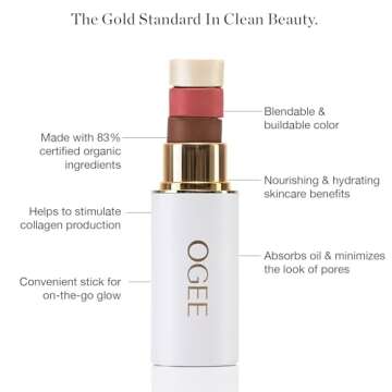 Ogee Face Stick Trio - Golden Contour Stick Makeup Collection - Certified Organic Bronzer, Blush Stick, and Highlighter Stick for a Flawless Look