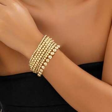 YRlilicc Gold Beaded Bracelets Set for Women Trendy Stretch Bracelet Bead Ball Stackable Chunky Brac...