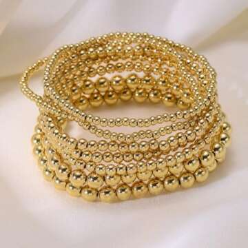 YRlilicc Gold Beaded Bracelets Set for Women Trendy Stretch Bracelet Bead Ball Stackable Chunky Bracelet Gold/Silver Beaded Jewelry Dainty Bracelet Set Gifts for Women (7PCS Gold)