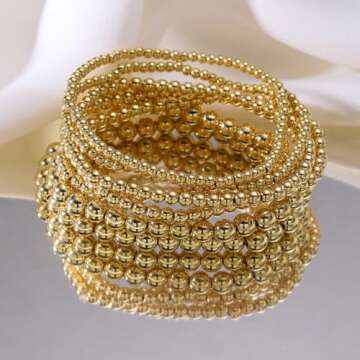 YRlilicc Gold Beaded Bracelets Set for Women Trendy Stretch Bracelet Bead Ball Stackable Chunky Bracelet Gold/Silver Beaded Jewelry Dainty Bracelet Set Gifts for Women (7PCS Gold)