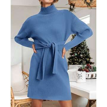 dowerme Women's Fall Sweaters 2024 Casual Ribbed Knit High Neck Sweater Dresses Belted Loose Fit Pullover Sweater Tops(Solid Blue,X-Large)