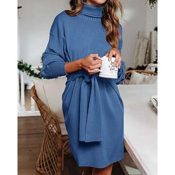 dowerme Women's Fall Sweaters 2024 Casual Ribbed Knit High Neck Sweater Dresses Belted Loose Fit Pullover Sweater Tops(Solid Blue,X-Large)
