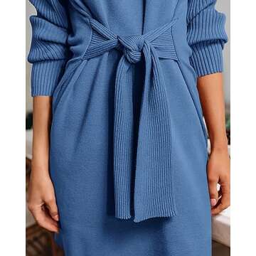 dowerme Women's Fall Sweaters 2024 Casual Ribbed Knit High Neck Sweater Dresses Belted Loose Fit Pullover Sweater Tops(Solid Blue,X-Large)