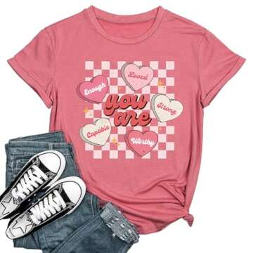 Women's Valentine Shirts Retro Candy Couple Love Heart Teacher You are Enough T-Shirt Casual Lover Gift Blouse Tops(Pink,S)