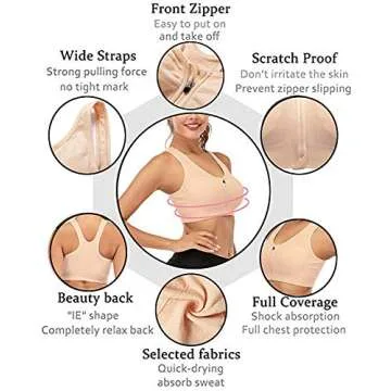 Women's Zip Front Sports Bra Wireless Post-Surgery Bra Active Yoga Sports Bras Large