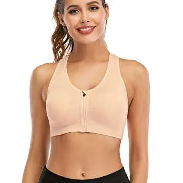 Women's Zip Front Sports Bra Wireless Post-Surgery Bra Active Yoga Sports Bras Large