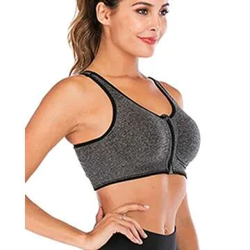 Women's Zip Front Sports Bra Wireless Post-Surgery Bra Active Yoga Sports Bras Large