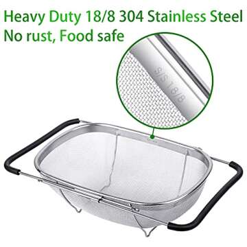 6-Quart Large Over The Sink Colander, 18/8 Stainless Steel Fine Mesh Strainer Basket with Expandable Rubber Grip Handles - Strain, Drain, Rinse Fruits, Vegetables